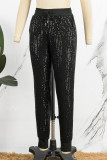 Pantalones de patchwork convencionales de cintura alta regulares con lentejuelas y patchwork informales negros