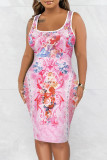 Розовое повседневное платье-майка с принтом и U-образным вырезом Платья