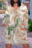 Aardegele casual patchwork jurken met V-hals en lange mouwen