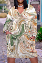 Kaki casual patchwork jurken met V-hals en lange mouwen