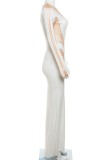 Witte sexy patchwork doorzichtige lange jurk met o-hals