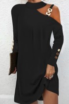 Vestidos pretos casuais lisos com decote em bico e manga comprida