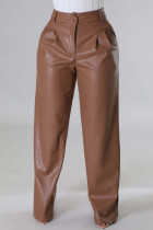 Donkerbruine, casual, effen patchwork, normale, rechte broek met hoge taille, effen kleur