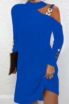 Синие повседневные однотонные платья с круглым вырезом и длинными рукавами