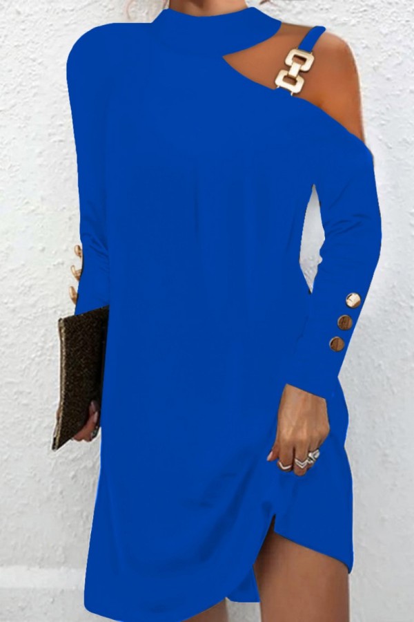Blaue, lässige, einfarbige, ausgehöhlte, langärmlige Kleider mit O-Ausschnitt
