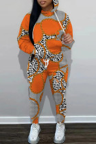 オレンジ カジュアル プリント パッチワーク フード付きカラー 長袖 XNUMX ピース