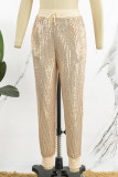 Calças de retalhos convencionais de cintura alta regular champanhe casual patchwork lantejoulas