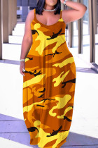 Оранжевое сексуальное повседневное длинное платье с вырезом на спине и бретельками с принтом