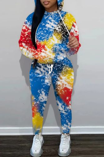 Blue Casual Graphics Print Hooded Collar Long Sleeve Sweatshirt And Draw String Pocket Skinny Pants Two Pieces Jogger Sets