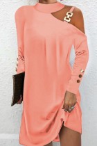 Розовые повседневные однотонные платья с длинным рукавом и круглым вырезом