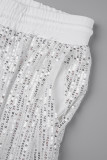 Pantalon patchwork décontracté à paillettes taille haute régulière blanc