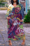 Lichtgrijze, casual print-patchwork-jurken met V-hals en lange mouwen