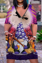 Фиолетовое повседневное платье с короткими рукавами и принтом на молнии с V-образным вырезом и постепенным изменением