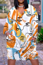 Oranje casual patchwork jurken met V-hals en lange mouwen