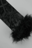 Черные сексуальные повседневные лоскутные перья с круглым вырезом и длинным рукавом из двух частей