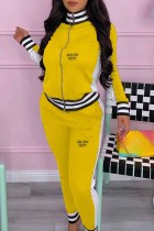 Yellow Street Print Letter Zipper Collar Long Sleeve Two Pieces