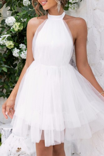 ホワイト セクシー カジュアル ソリッド 包帯 バックレス ホルター ノースリーブ ドレス ドレス