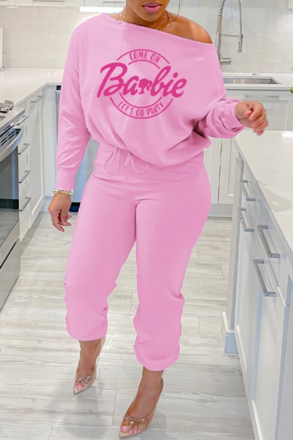 Rosa Casual Letter Print Basic Schrägkragen Langarm Zweiteiler