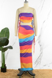 Разноцветный сексуальный повседневный полосатый принт с открытой спиной и разрезом без бретелек без рукавов из двух частей