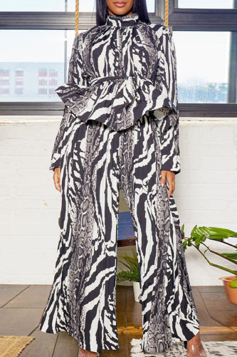 Black Street Print Patchwork Mandarin Collar Long Sleeve Two Pieces