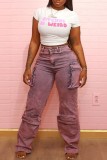 Розовые повседневные прямые джинсовые джинсы со средней талией в стиле пэчворк