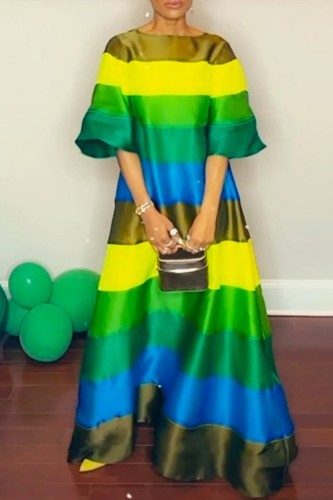 Green Casual Striped Patchwork O Neck A Line Dresses