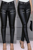 Pantalones negros informales de parches lisos con cremallera ajustados de cintura alta lápiz de color sólido (sin cinturón)