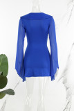Blauwe casual effen Frenulum-jurken met V-hals en lange mouwen