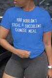 Koningsblauwe casual basisprint T-shirts met letter O-hals