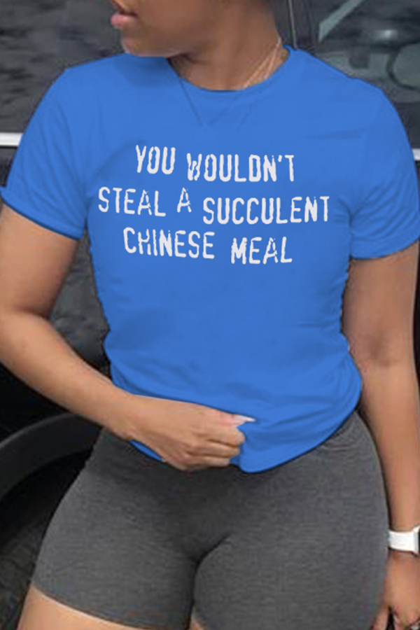 T-shirt con collo a lettera O con stampa base casual blu royal