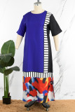 Синее повседневное полосатое длинное платье с круглым вырезом и цветными блоками в стиле пэчворк Платья больших размеров