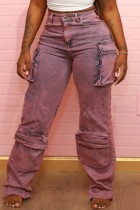 Pink Casual Patchwork Basic Mid Waist Straight Baggy Cargo Denim Jeans