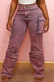 Marrom Casual Patchwork Básico Cintura Média Jeans Reto
