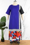 Rozerood casual gestreept kleurenblok patchwork lange jurk met o-hals grote maten jurken