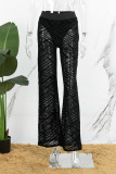 Schwarz Sexy Solid Patchwork Mesh Straight Mid Waist Straight Solid Color Bottoms