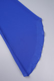 ブルー カジュアル ソリッド 小帯 V ネック長袖ドレス