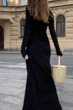 Vestido largo con cuello en O de patchwork sólido informal negro Vestidos