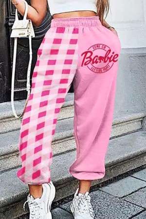 Pantalones de patchwork convencionales de cintura alta regular con estampado informal rosa