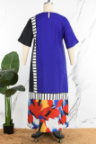 Azul Casual Listrado Color Block Patchwork O Neck Vestido Longo Vestidos Plus Size