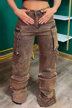 Brown Casual Patchwork Basic Mid Waist Straight Baggy Cargo Denim Jeans