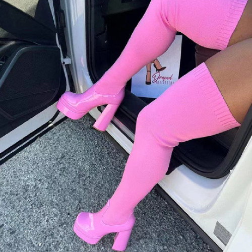 Zapatos casuales de color liso con patchwork rosa (altura del tacón 5.51 pulgadas)