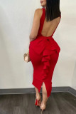 Red Casual Sweet Daily Elegant Backless Solid Color With Bow Spaghetti Strap Dresses