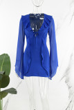 Blauwe casual effen Frenulum-jurken met V-hals en lange mouwen