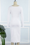 Vestidos de saia enrolados brancos casuais sólidos patchwork com decote em U