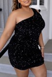 Zwarte sexy effen pailletten patchwork rugloze schuine kraag mouwloze grote maat jurk