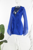 Azul casual sólido frênulo decote em V vestidos de manga comprida