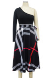 White Sexy Street Plaid Bandage Patchwork Backless High Opening One Shoulder Printed Dress Dresses