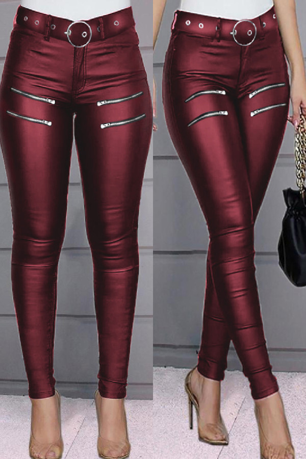 Burgunderfarbene, lässige, solide Patchwork-Reißverschluss-Röhrenhose mit hoher Taille und einfarbigem Bleistift (ohne Gürtel)