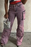 Roze casual patchwork basic rechte denim jeans met middelhoge taille