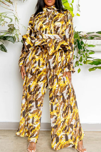 Yellow Street Print Patchwork Mandarin Collar Long Sleeve Two Pieces